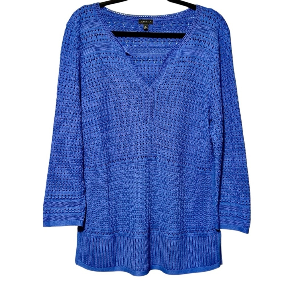 Talbots Open Weave Pointelle Split V-Neck Cotton 3/4 Sleeve Relaxed Fit Blouse